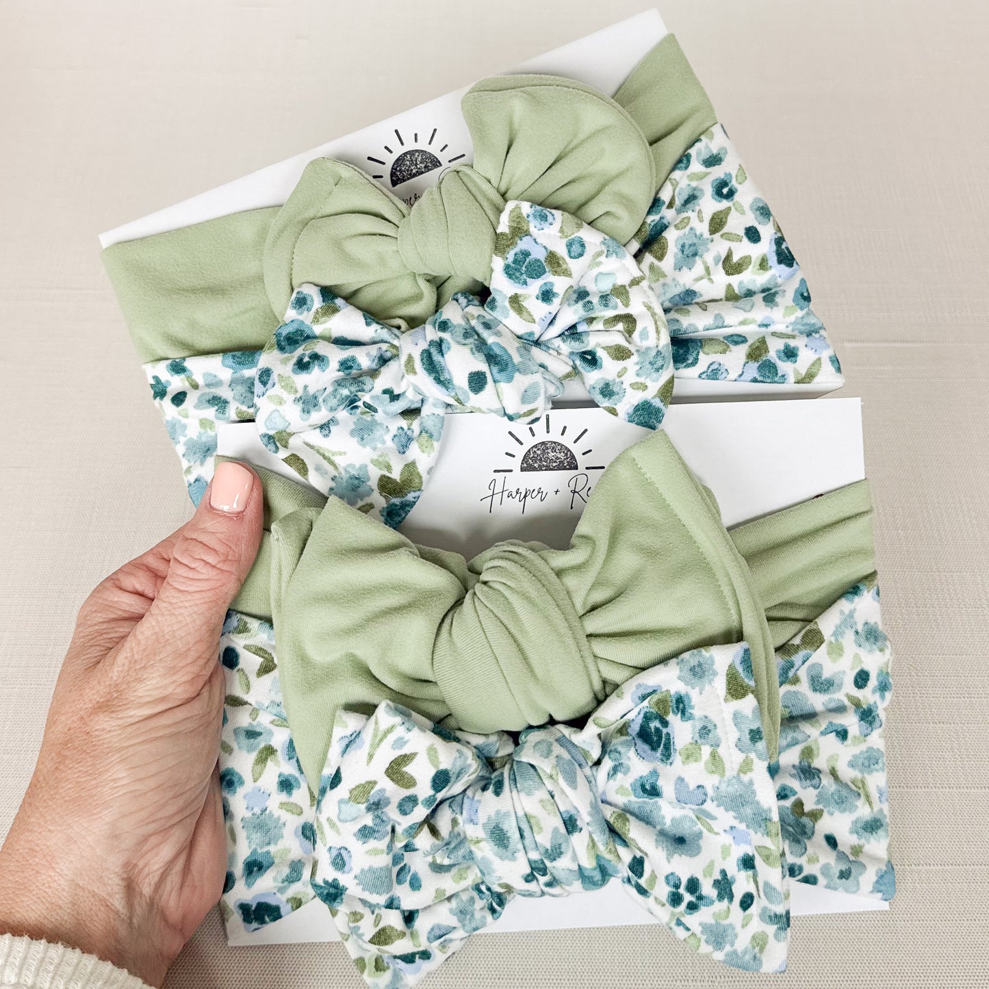 Blue Watercolor Floral + Keylime Green | Baby Bow Bundle