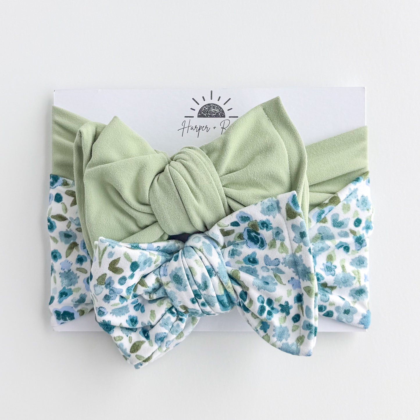 Blue Watercolor Floral + Keylime Green | Baby Bow Bundle