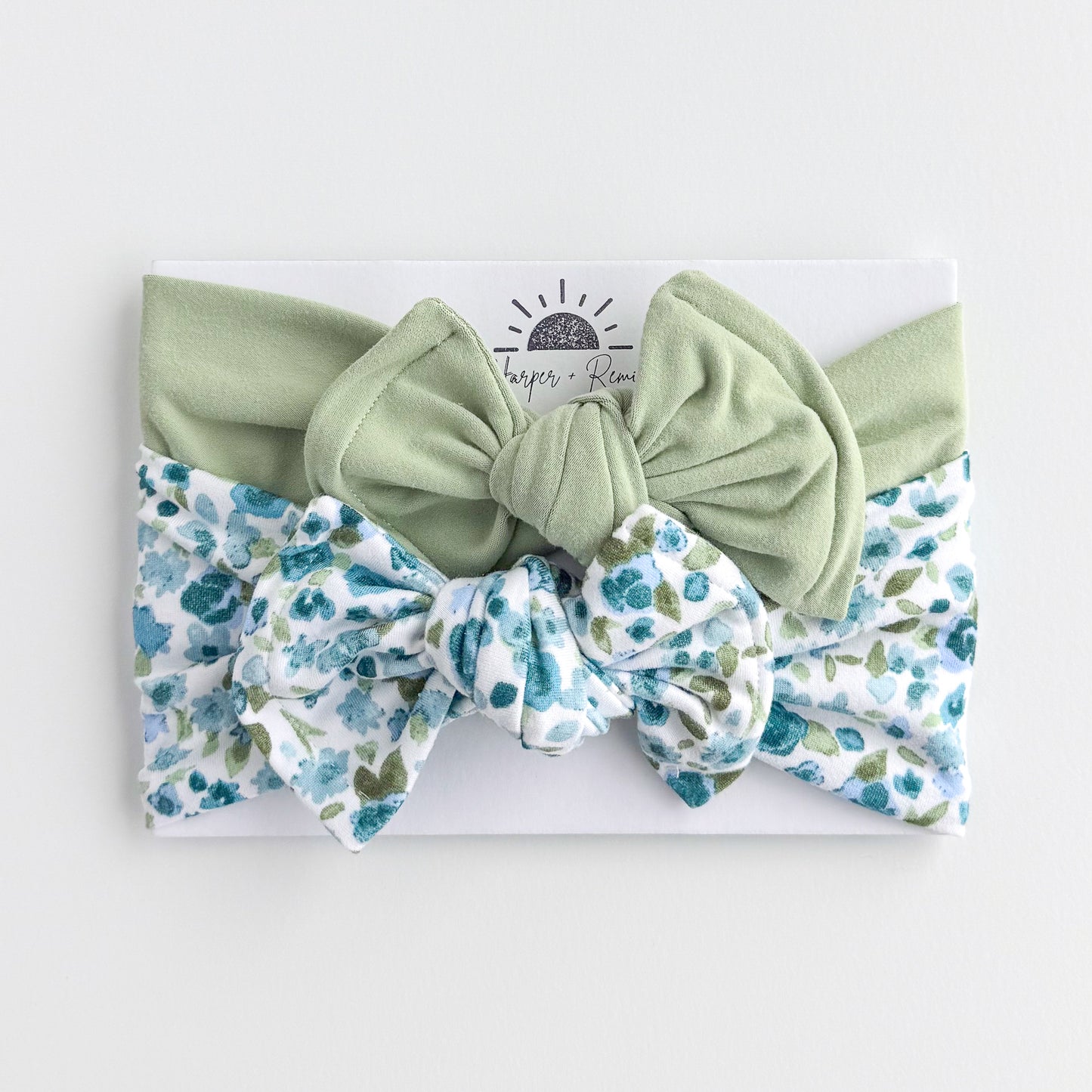 Blue Watercolor Floral + Keylime Green | Baby Bow Bundle