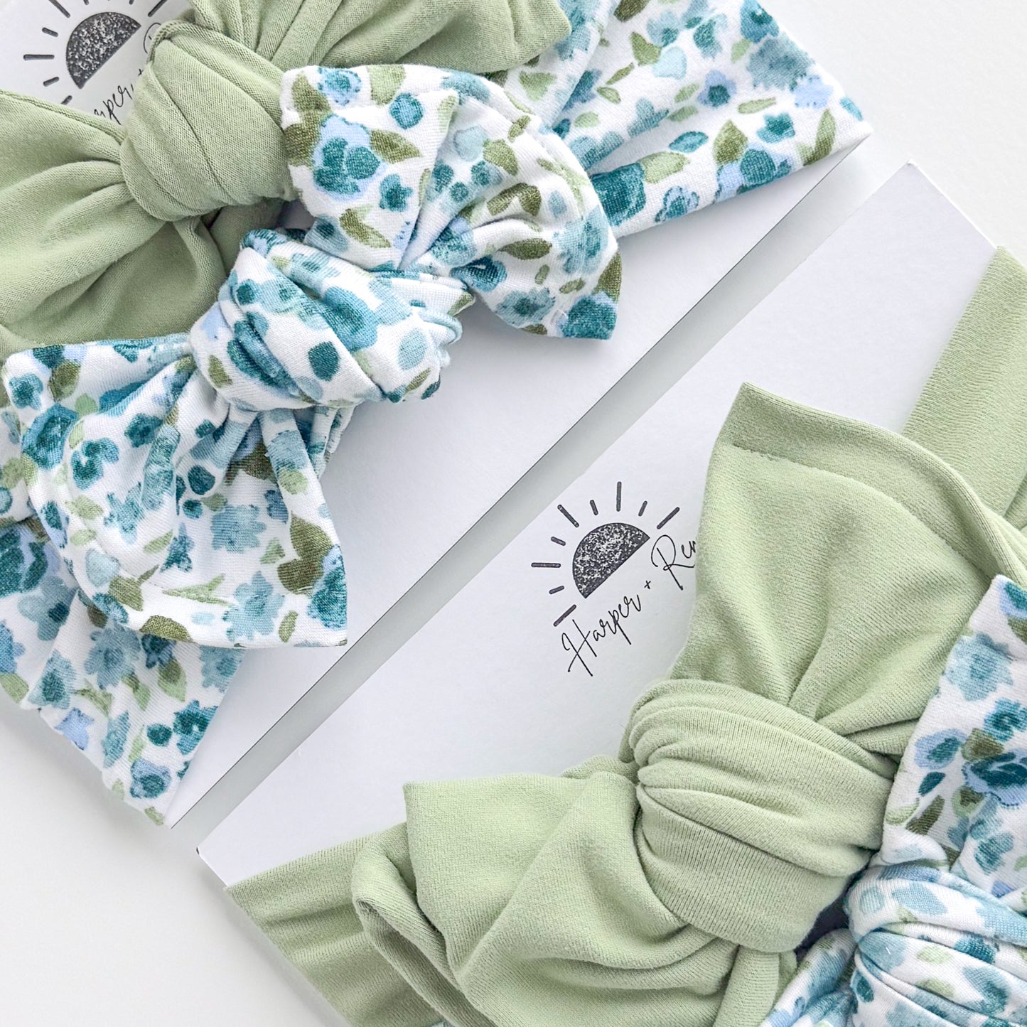 Blue Watercolor Floral + Keylime Green | Baby Bow Bundle