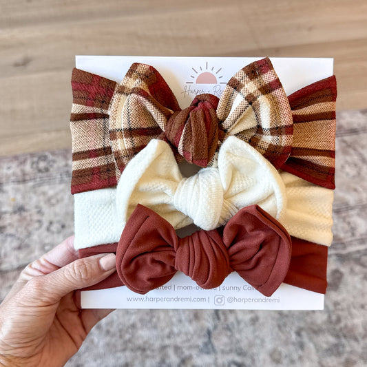 Brown & Pumpkin Spice Plaid | Fall Baby Bow Bundle