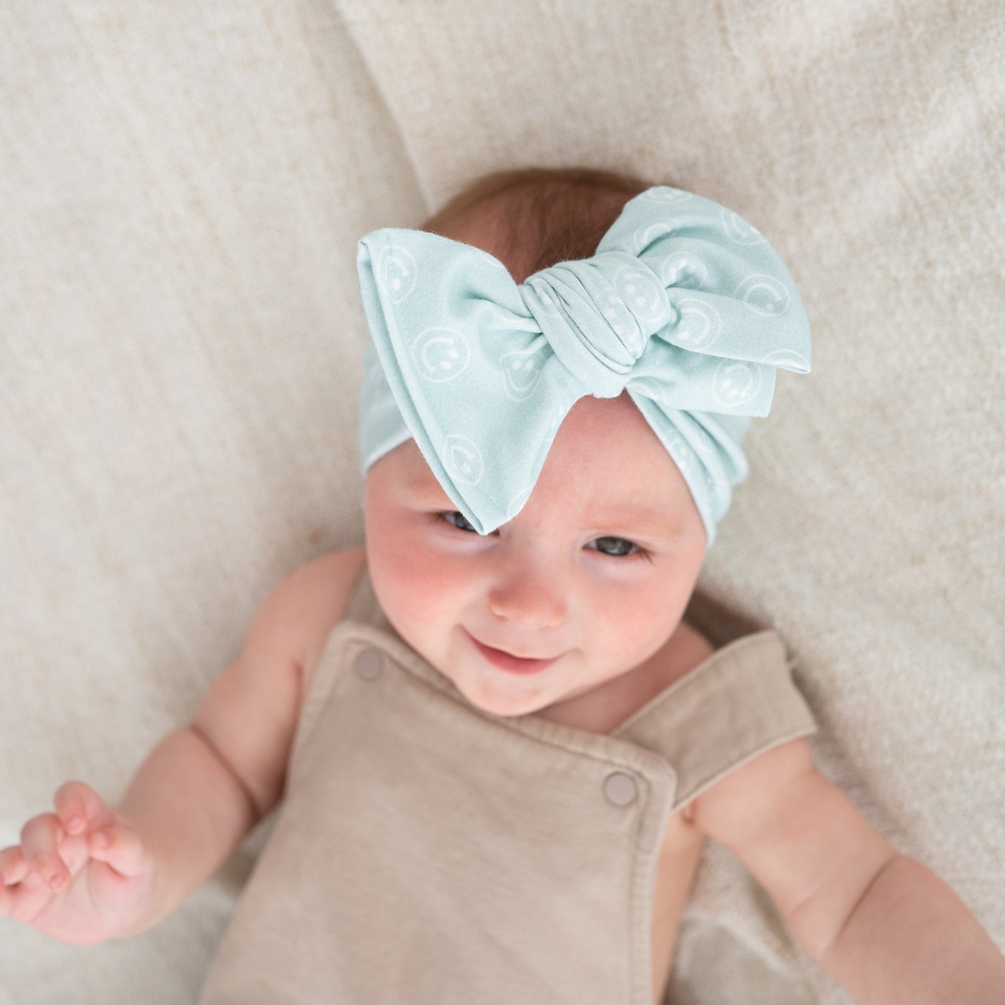 Light Blue Smiley Face Print Cotton Jersey Baby Headband