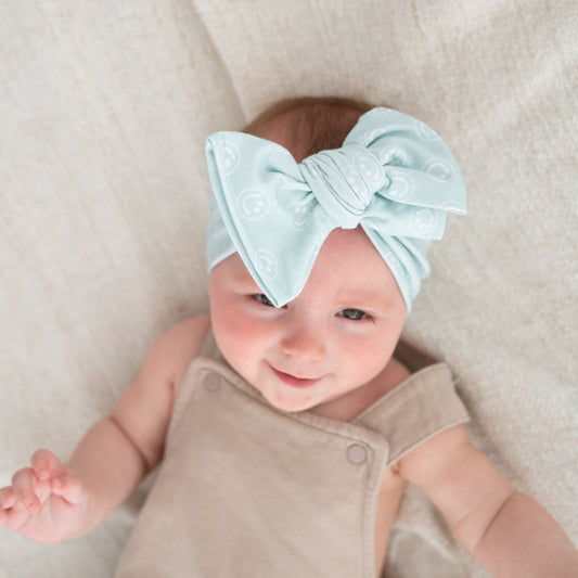 Light Blue Smiley Face Print Cotton Jersey Baby Headband