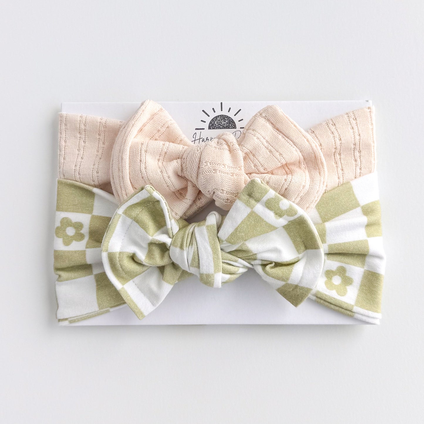 Green Daisy Checker + Cream Pointelle | Baby Bow Bundle