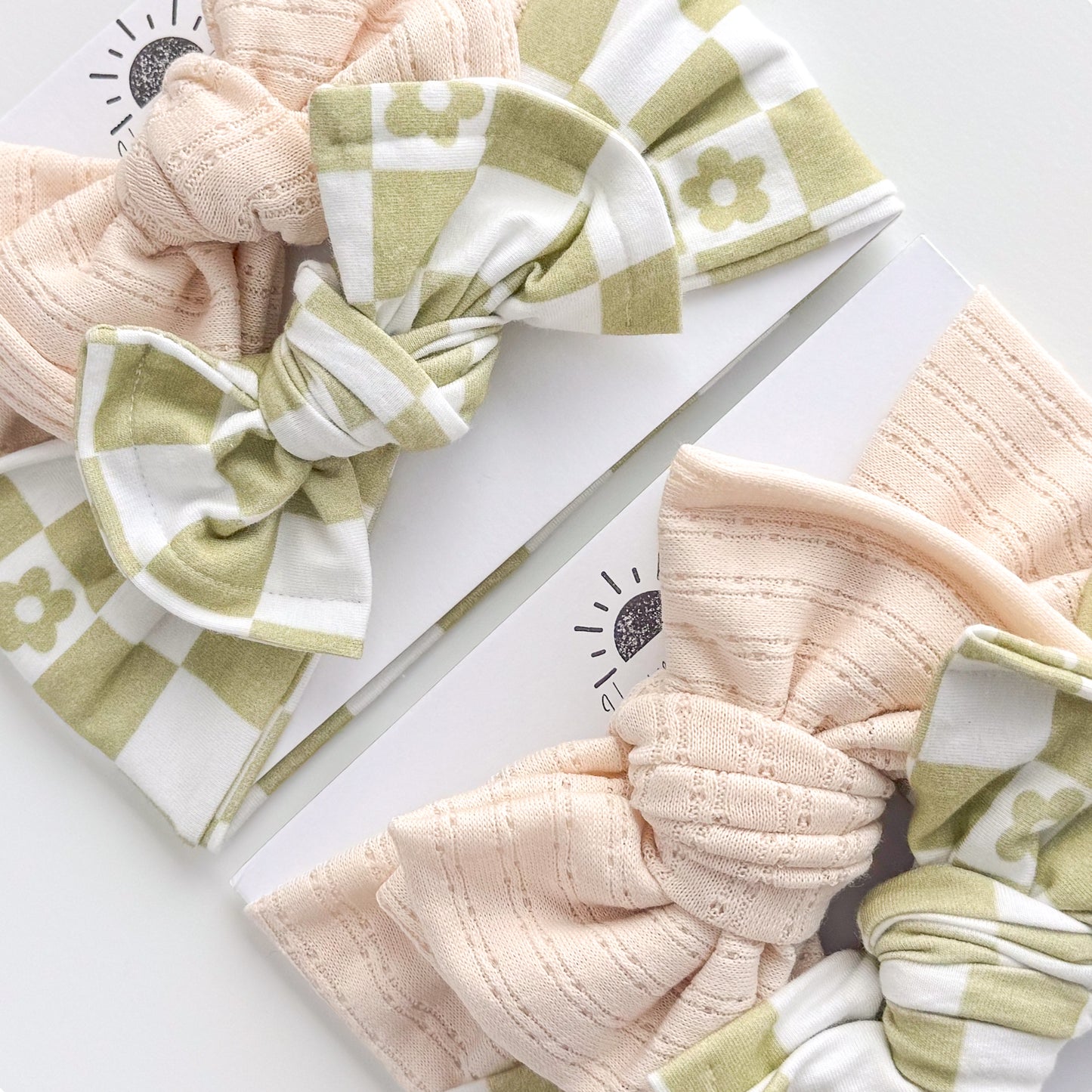 Green Daisy Checker + Cream Pointelle | Baby Bow Bundle