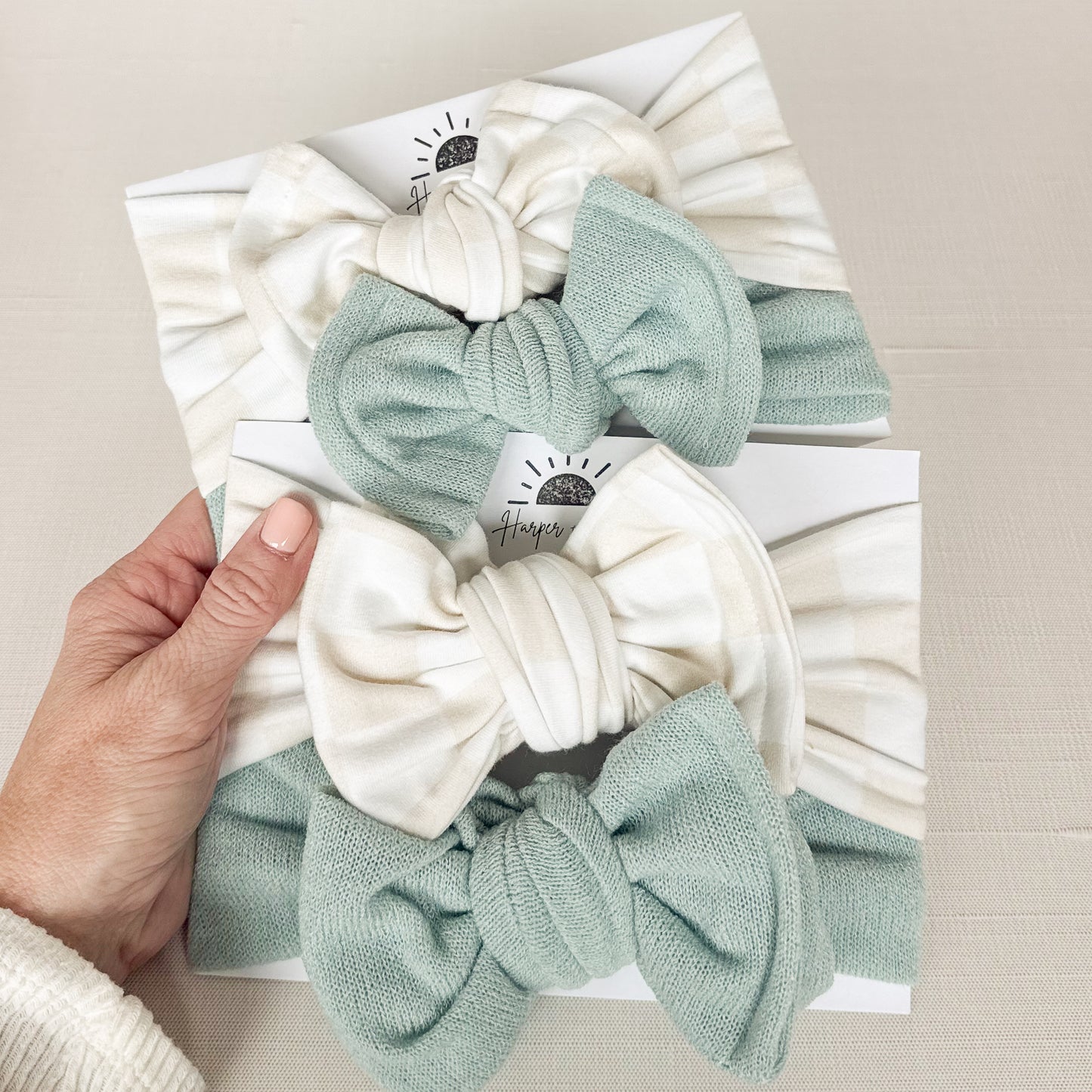 Neutral Checker + Mint Terry Cloth | Baby Bow Bundle