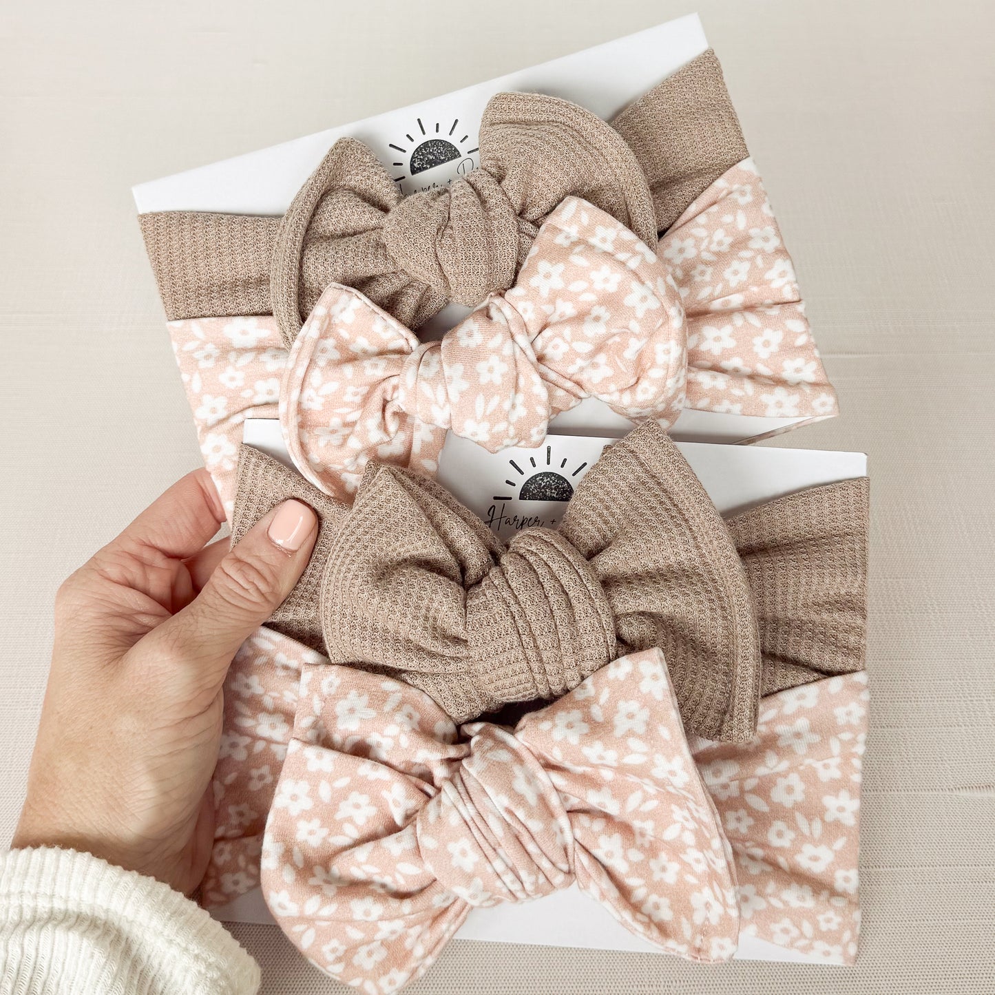 Neutral Floral + Taupe Waffle | Baby Bow Bundle