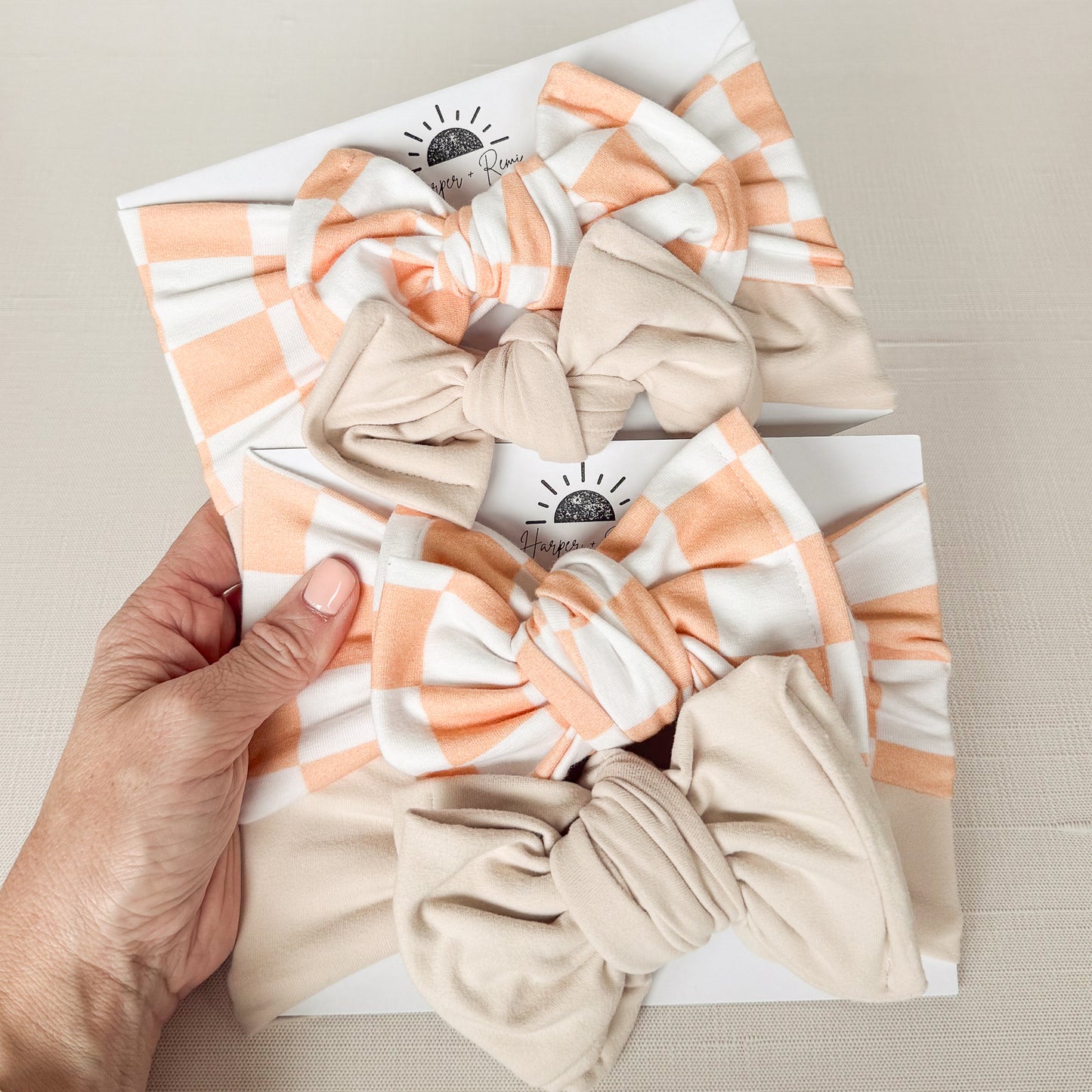 Orange Sherbert Checker + Sand Brushed | Baby Bow Bundle