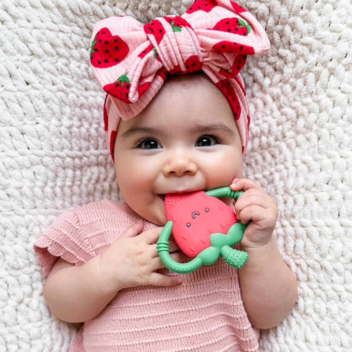 Pink Strawberries Ribbed Baby Headband
