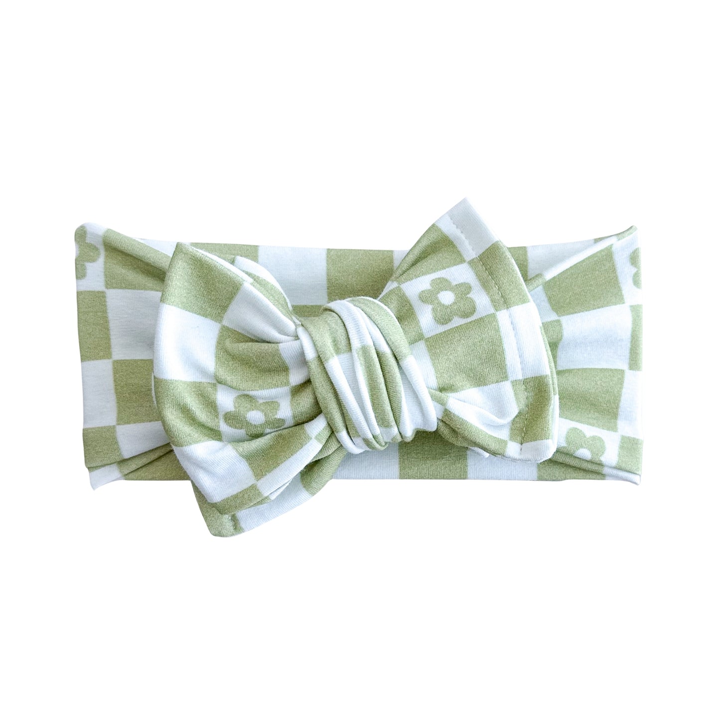 Green Daisy Checker Print Cotton Jersey Baby Headband