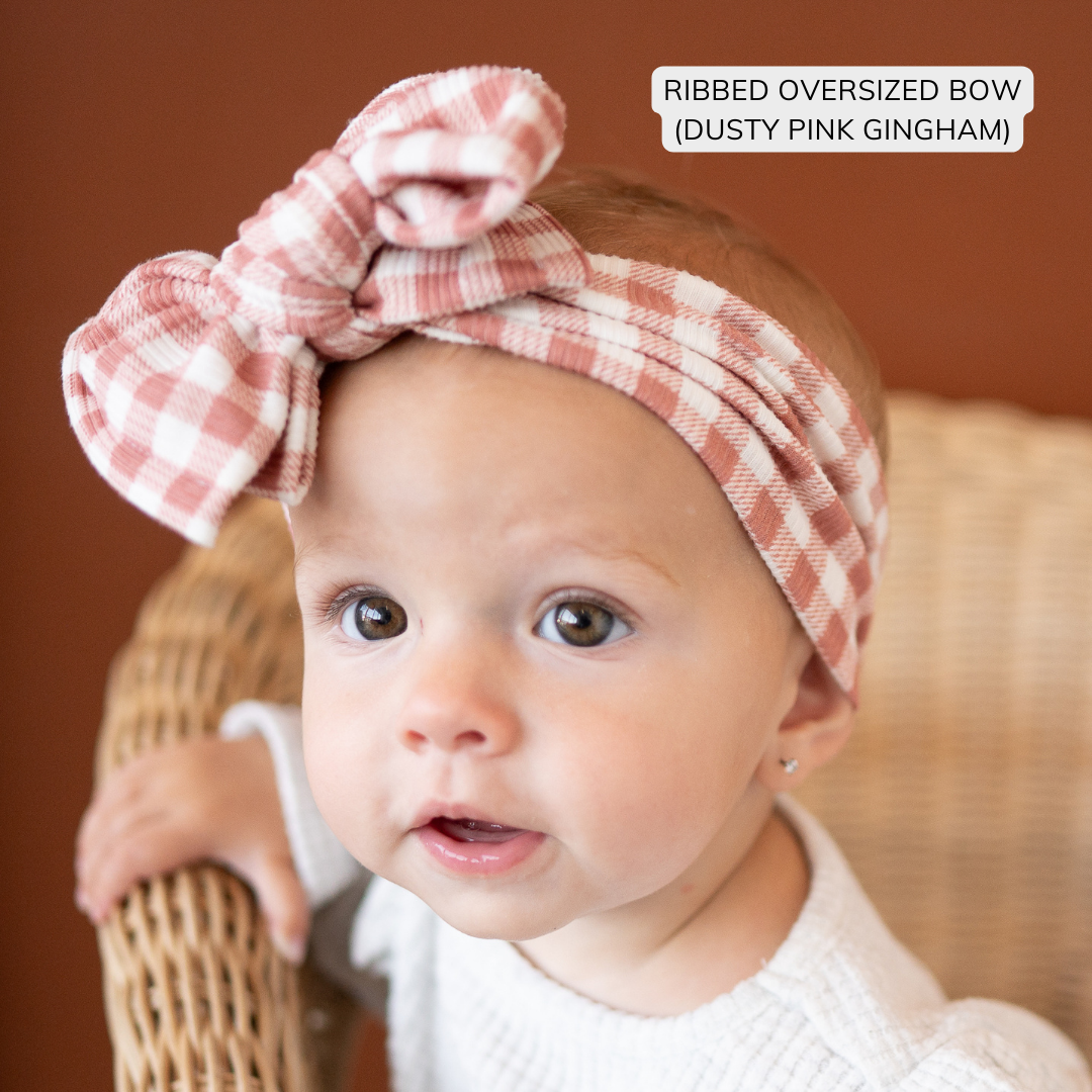 Gingham Ribbed Baby Headband (Dusty Pink)
