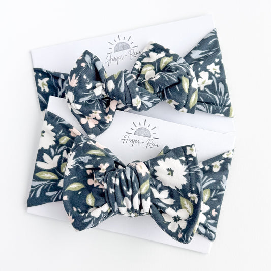 Navy Blue Floral Brushed Baby Headband