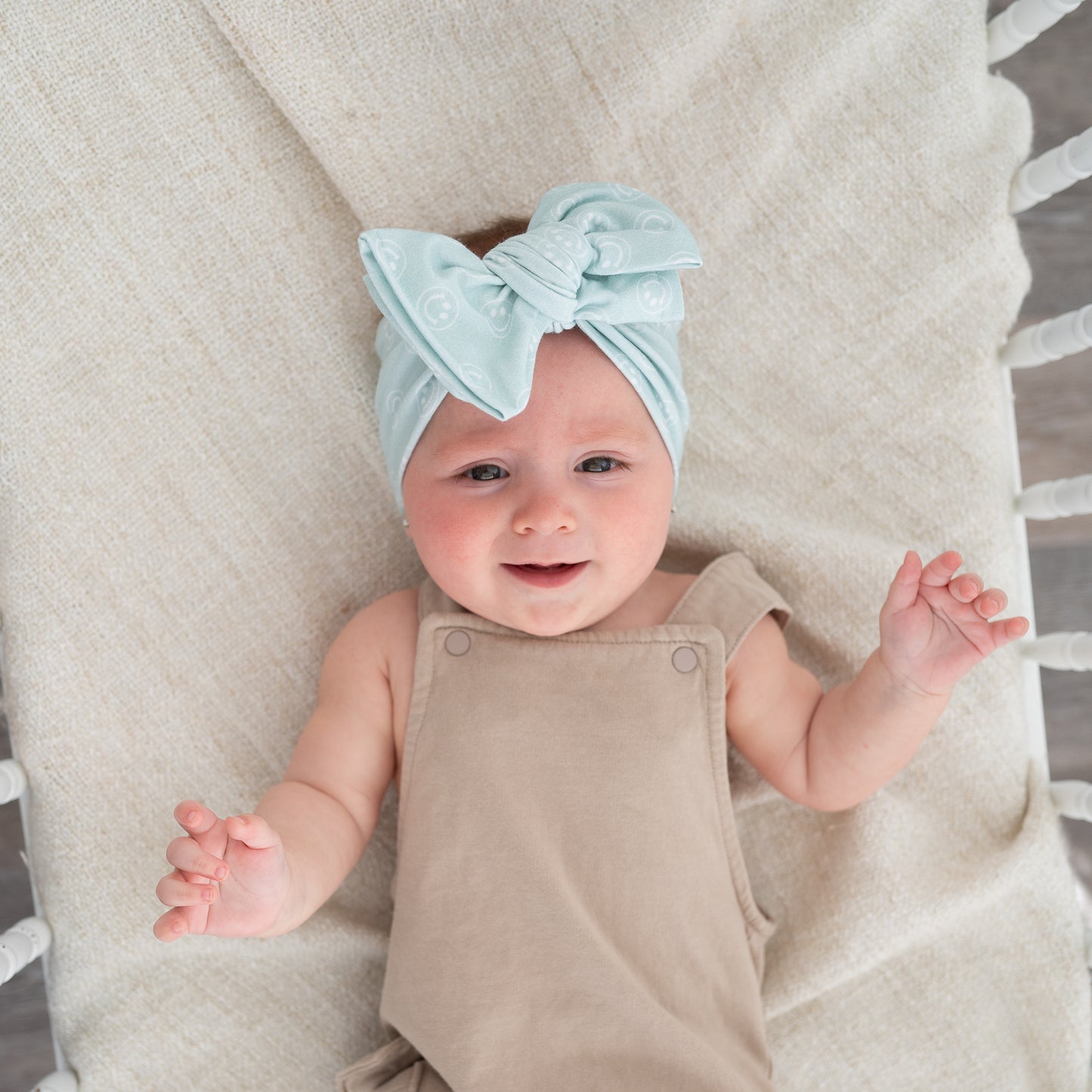 Light Blue Smiley Face Print Cotton Jersey Baby Headband