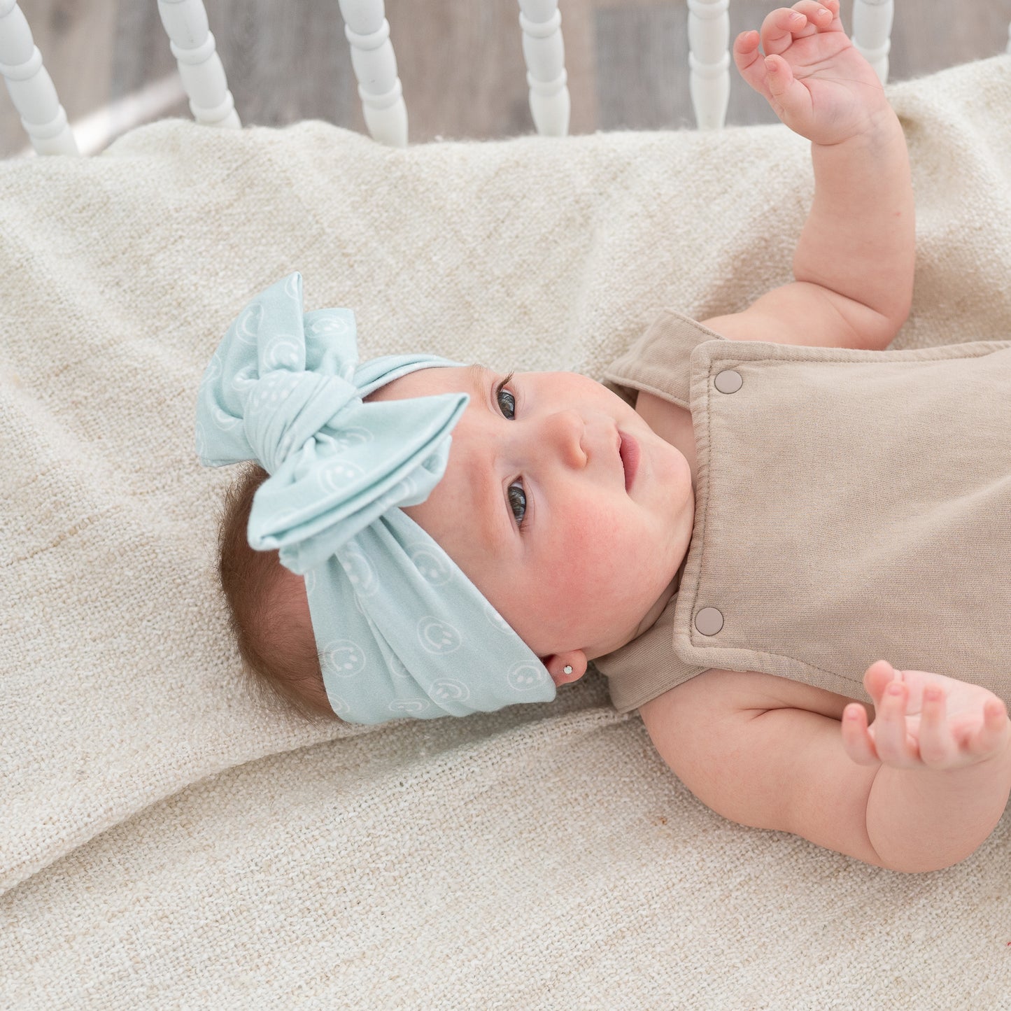 Light Blue Smiley Face Print Cotton Jersey Baby Headband