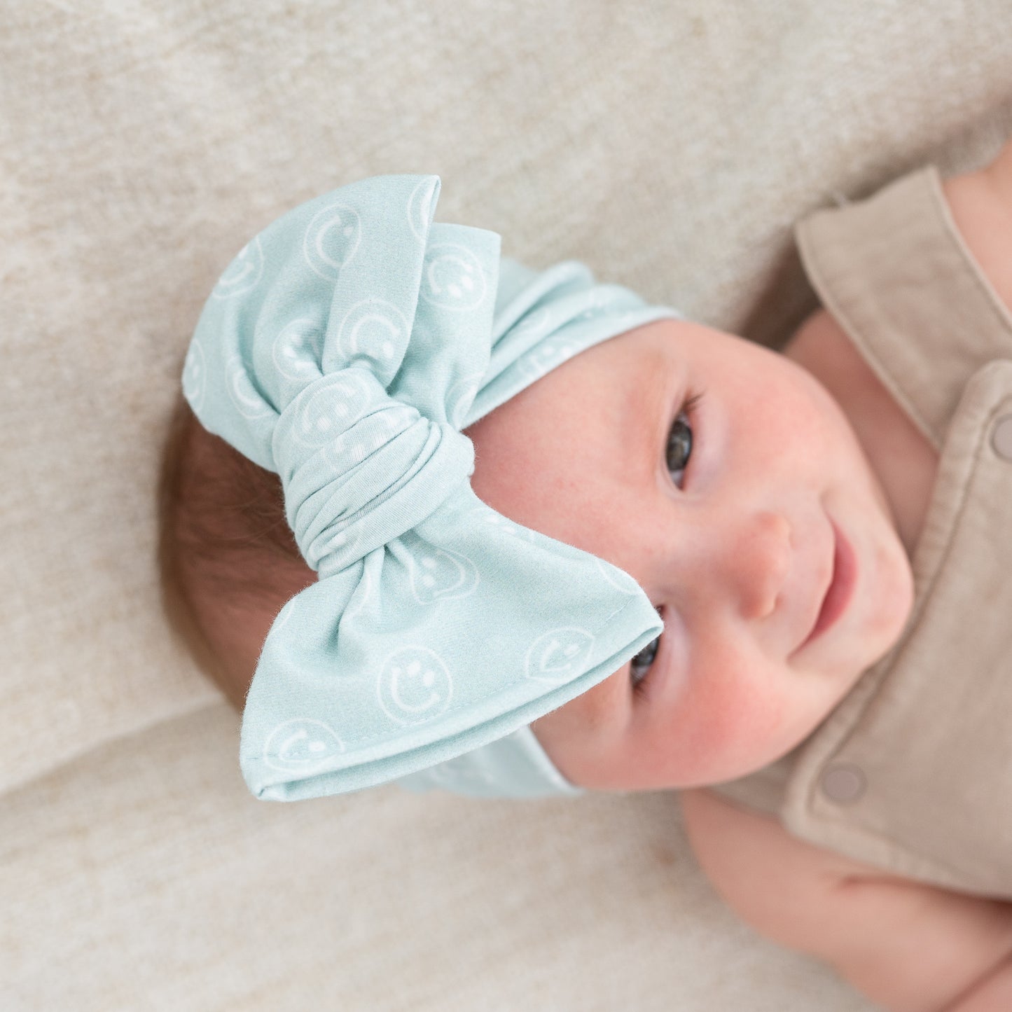 Light Blue Smiley Face Print Cotton Jersey Baby Headband