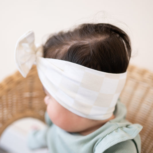 Neutral Checker Print Cotton Jersey Baby Headband