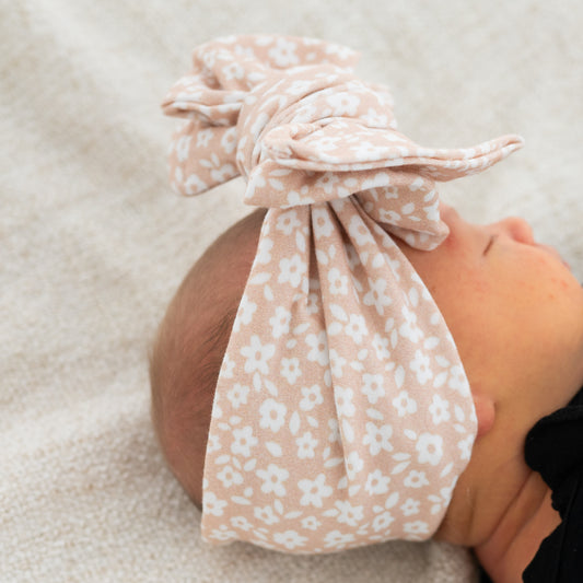 Taupe Floral Print Cotton Jersey Baby Headband