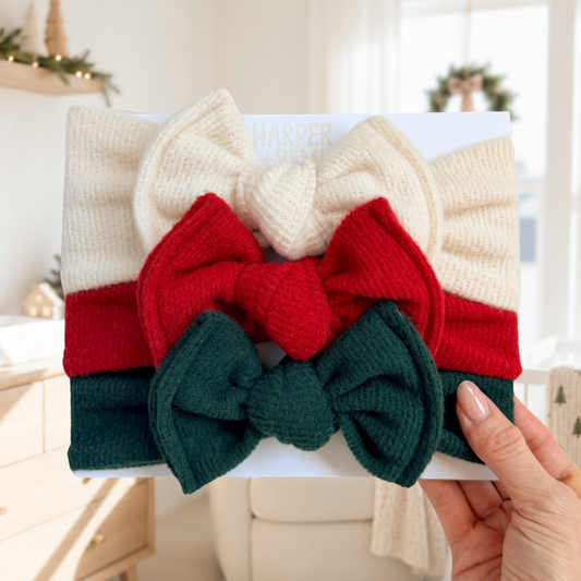 Classic Christmas Fuzzy Ribbed Top Knot Bundle