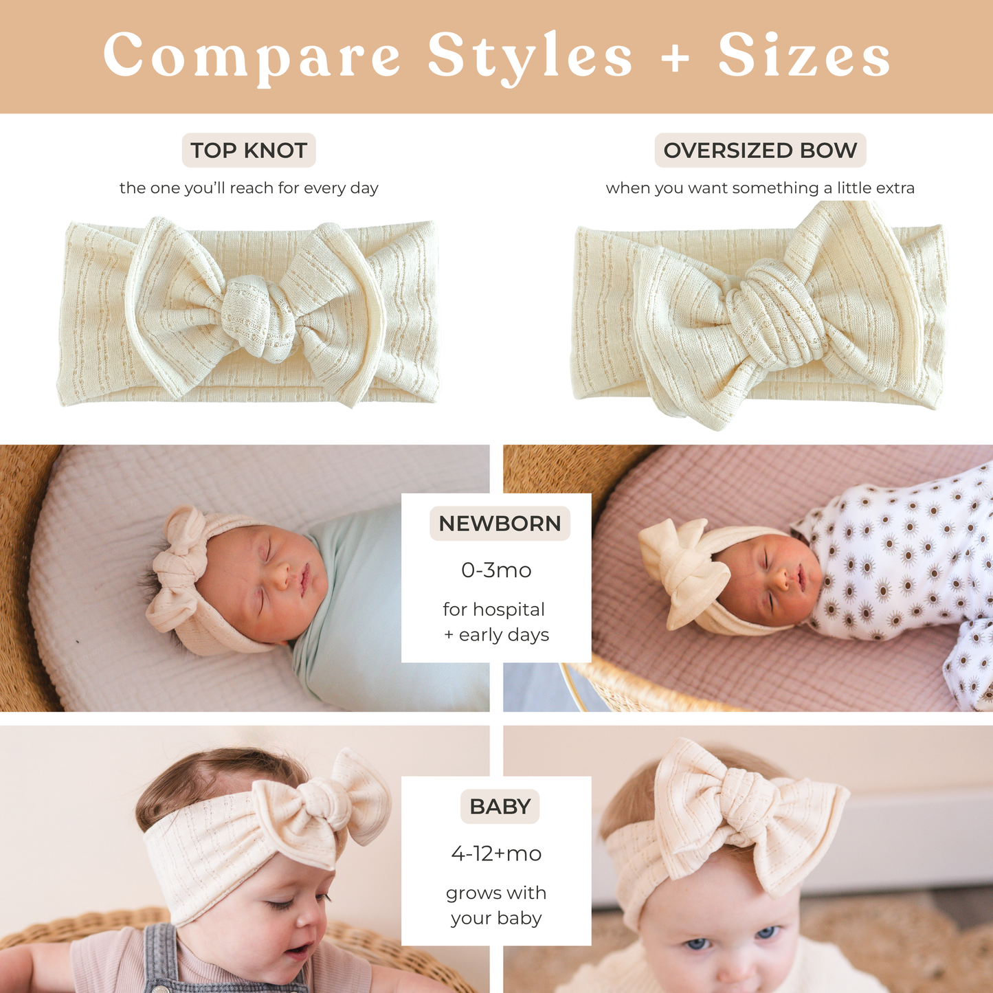 Baby headbands with top knot and oversized bow styles, labeled for newborn and baby age groups.