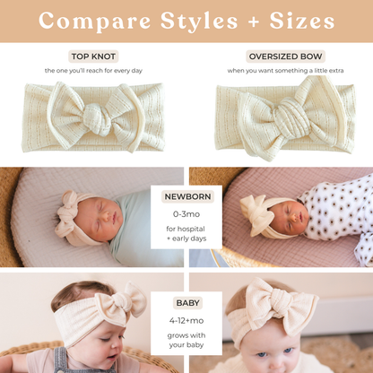 Baby headbands with top knot and oversized bow styles, labeled for newborn and baby age groups.