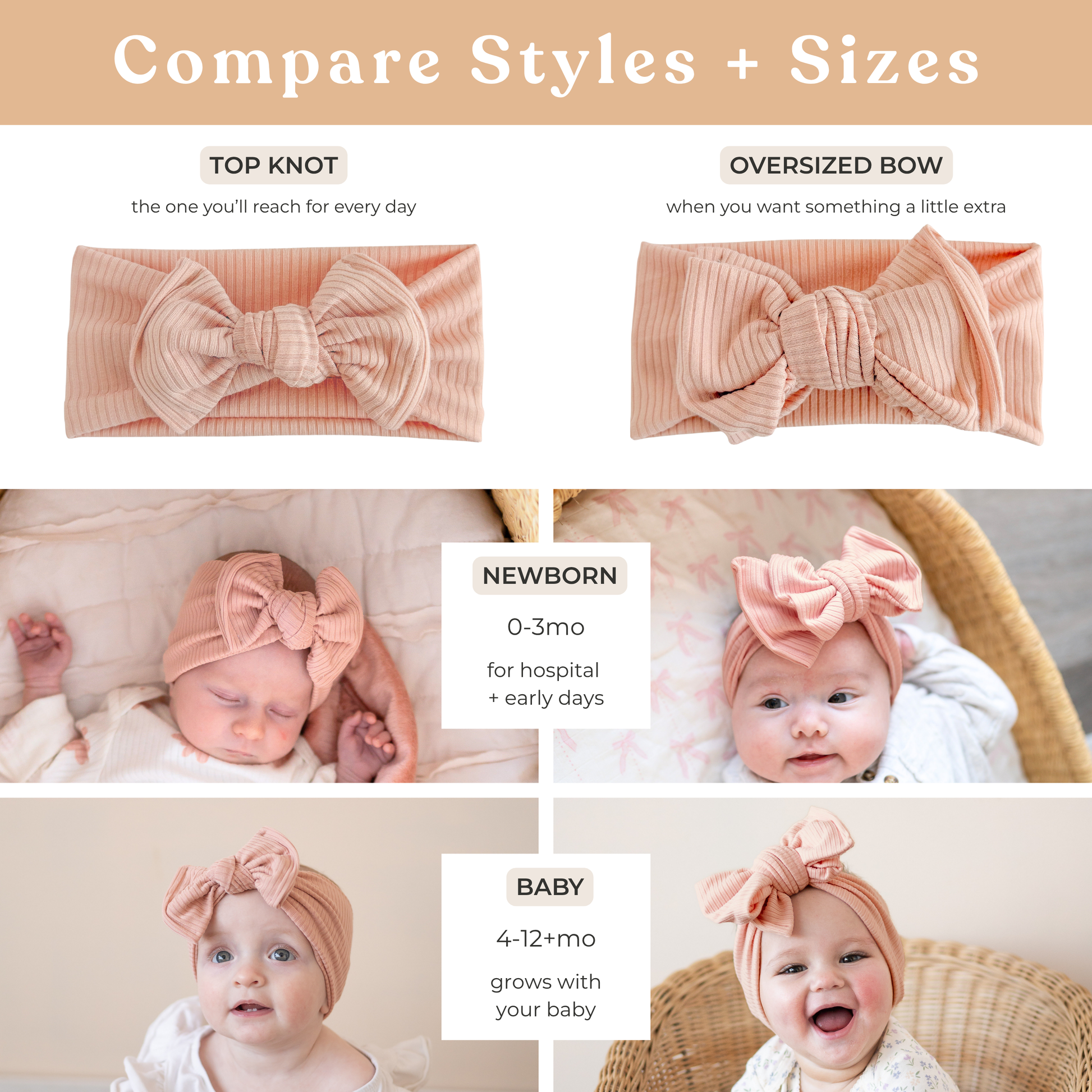 Baby headbands with top knot and oversized bow styles, labeled for newborn and baby sizes.
