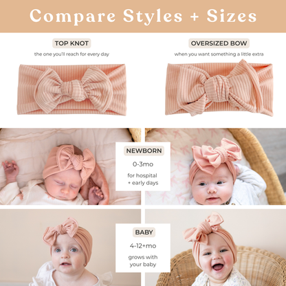 Baby headbands with top knot and oversized bow styles, labeled for newborn and baby sizes.