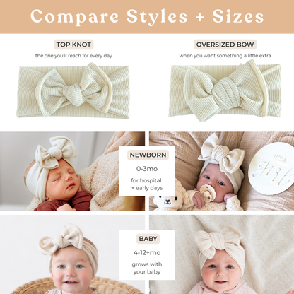 Baby headbands with top knot and oversized bow styles, labeled for newborn and baby sizes.