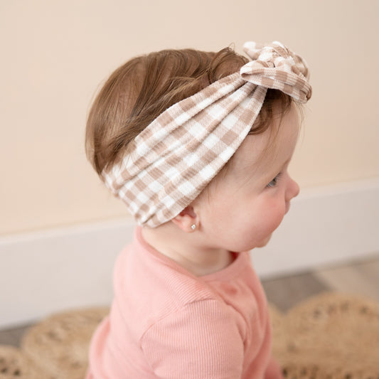 Gingham Ribbed Baby Headband (Taupe)