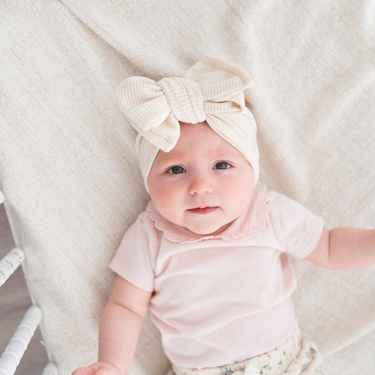 Light Blue Smilies + Oatmeal Heather Waffle | Baby Bow Bundle