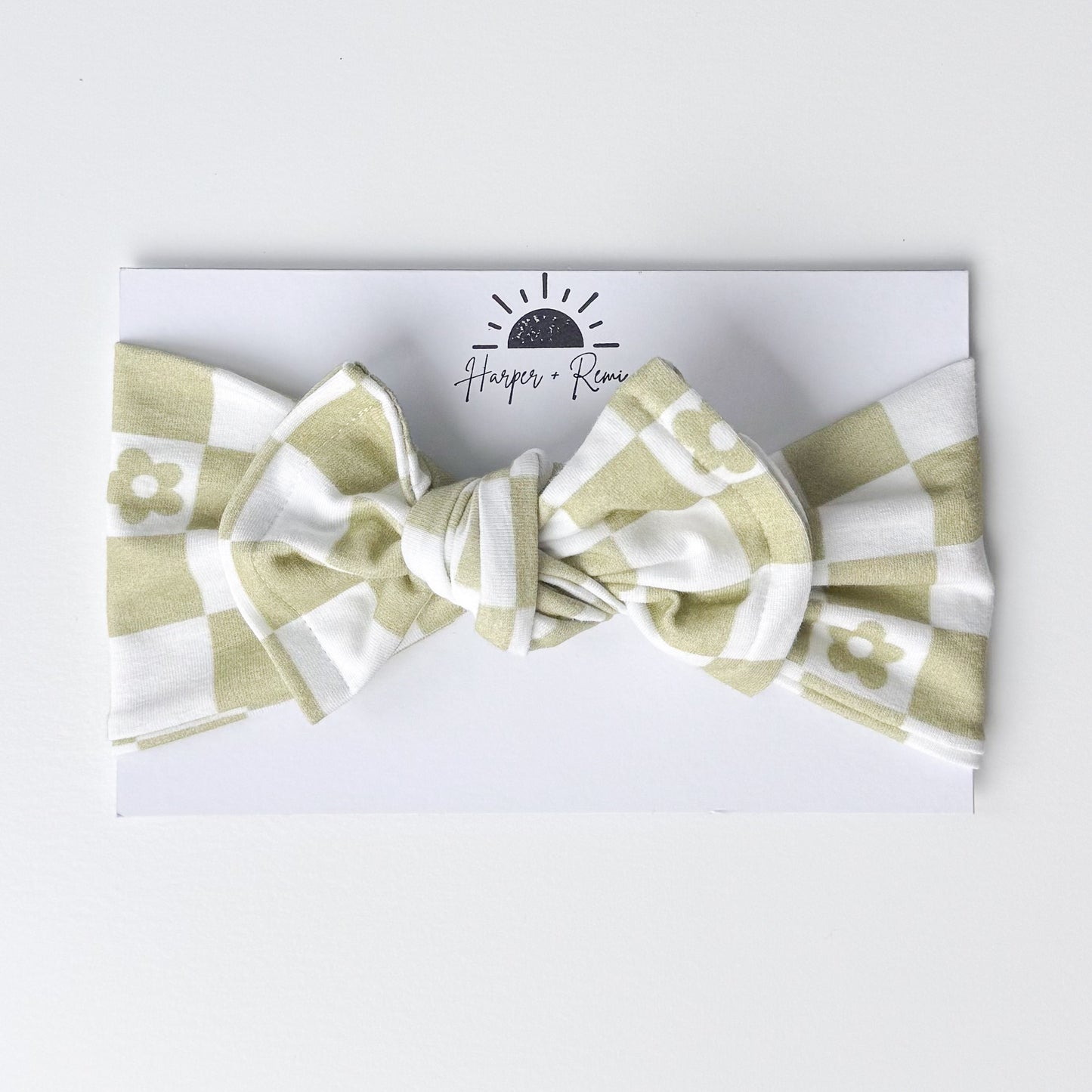 Green Daisy Checker Print Cotton Jersey Baby Headband