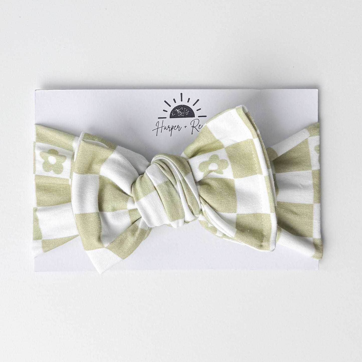Green Daisy Checker Print Cotton Jersey Baby Headband