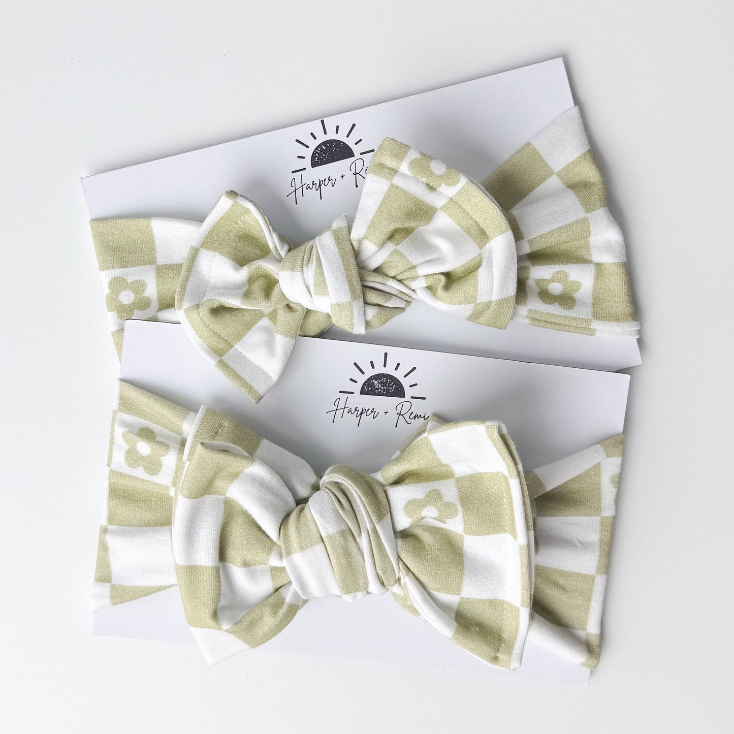 Green Daisy Checker Print Cotton Jersey Baby Headband