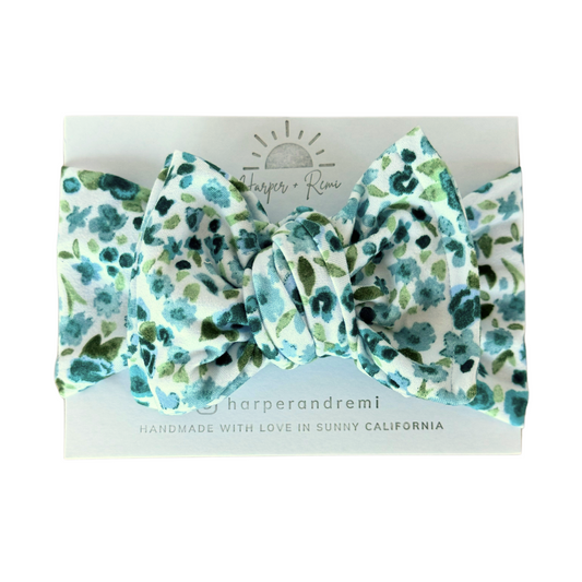 Blue Watercolor Floral | Brushed Oversized Bow