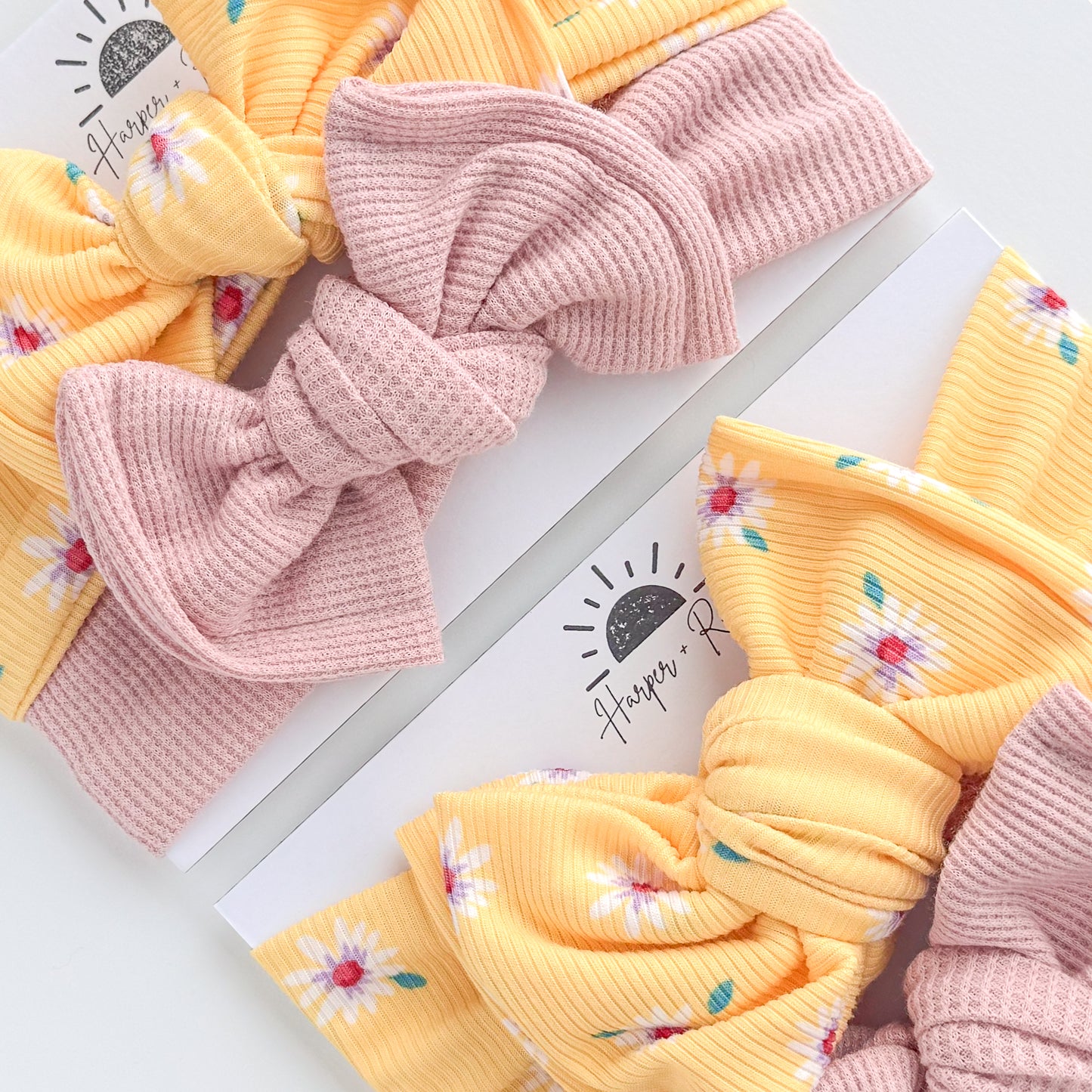 Yellow Daisies + Dusty Light Pink Waffle | Baby Bow Bundle