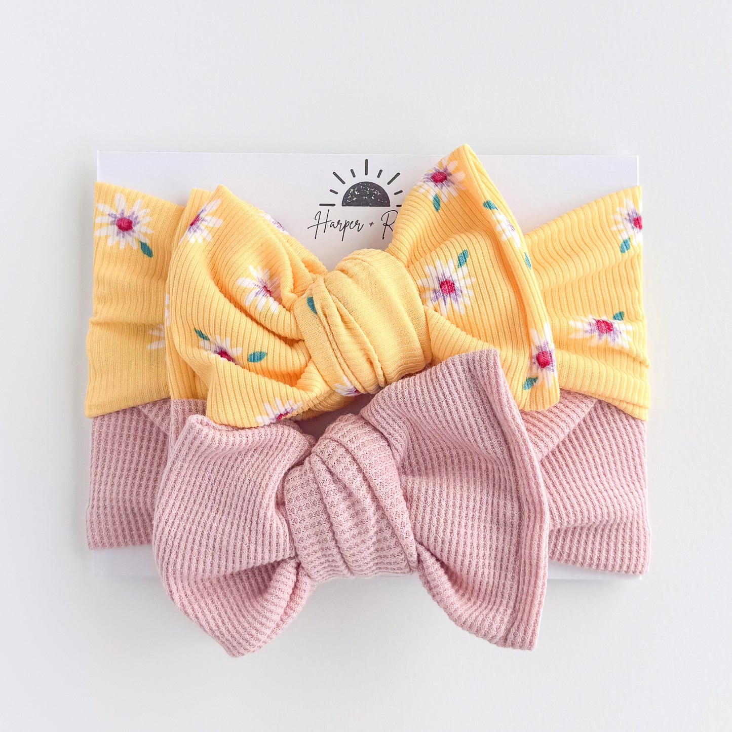 Yellow Daisies + Dusty Light Pink Waffle | Baby Bow Bundle