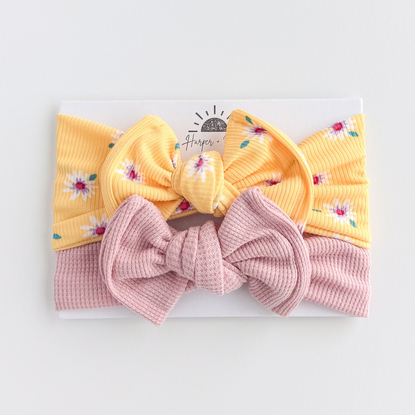 Yellow Daisies + Dusty Light Pink Waffle | Baby Bow Bundle