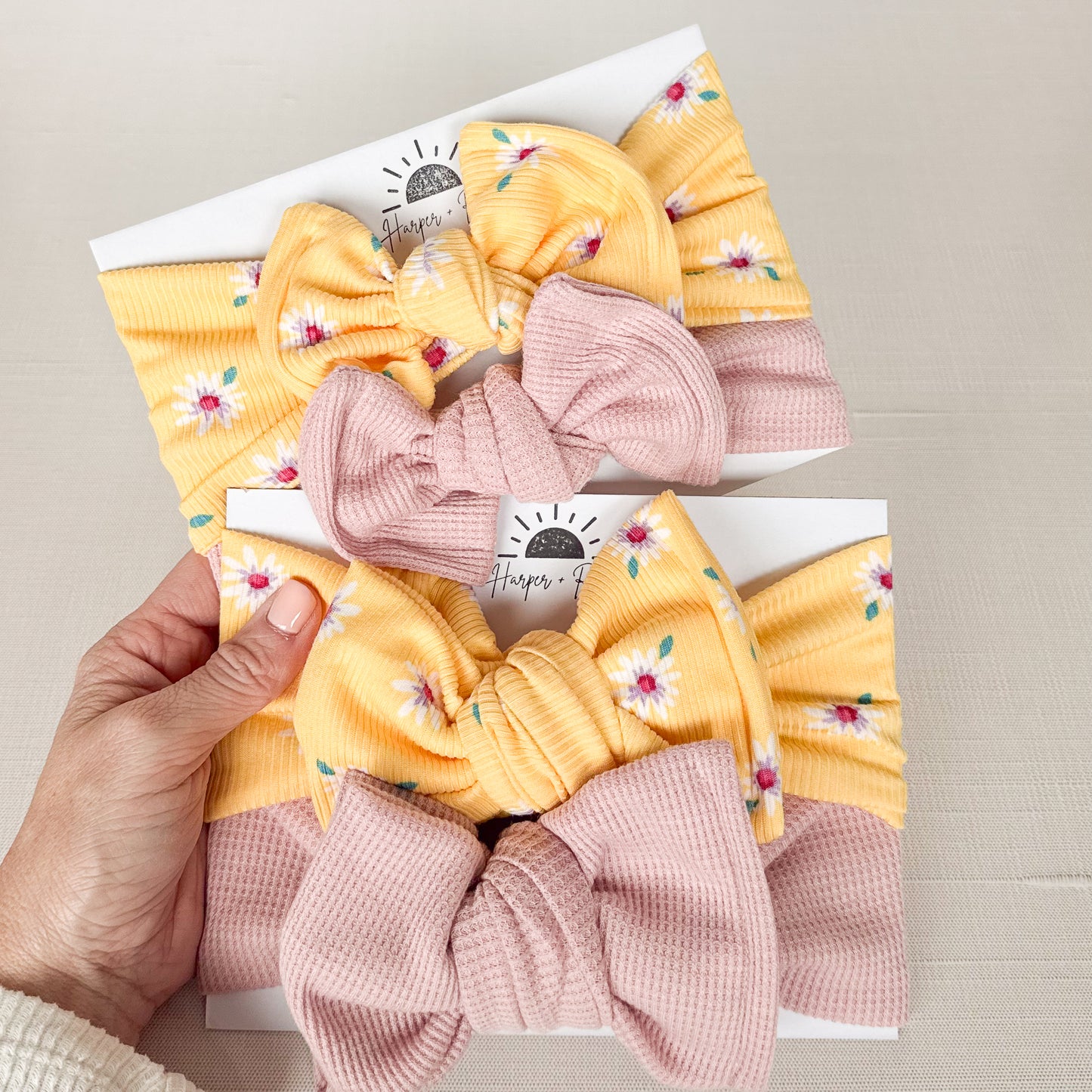 Yellow Daisies + Dusty Light Pink Waffle | Baby Bow Bundle