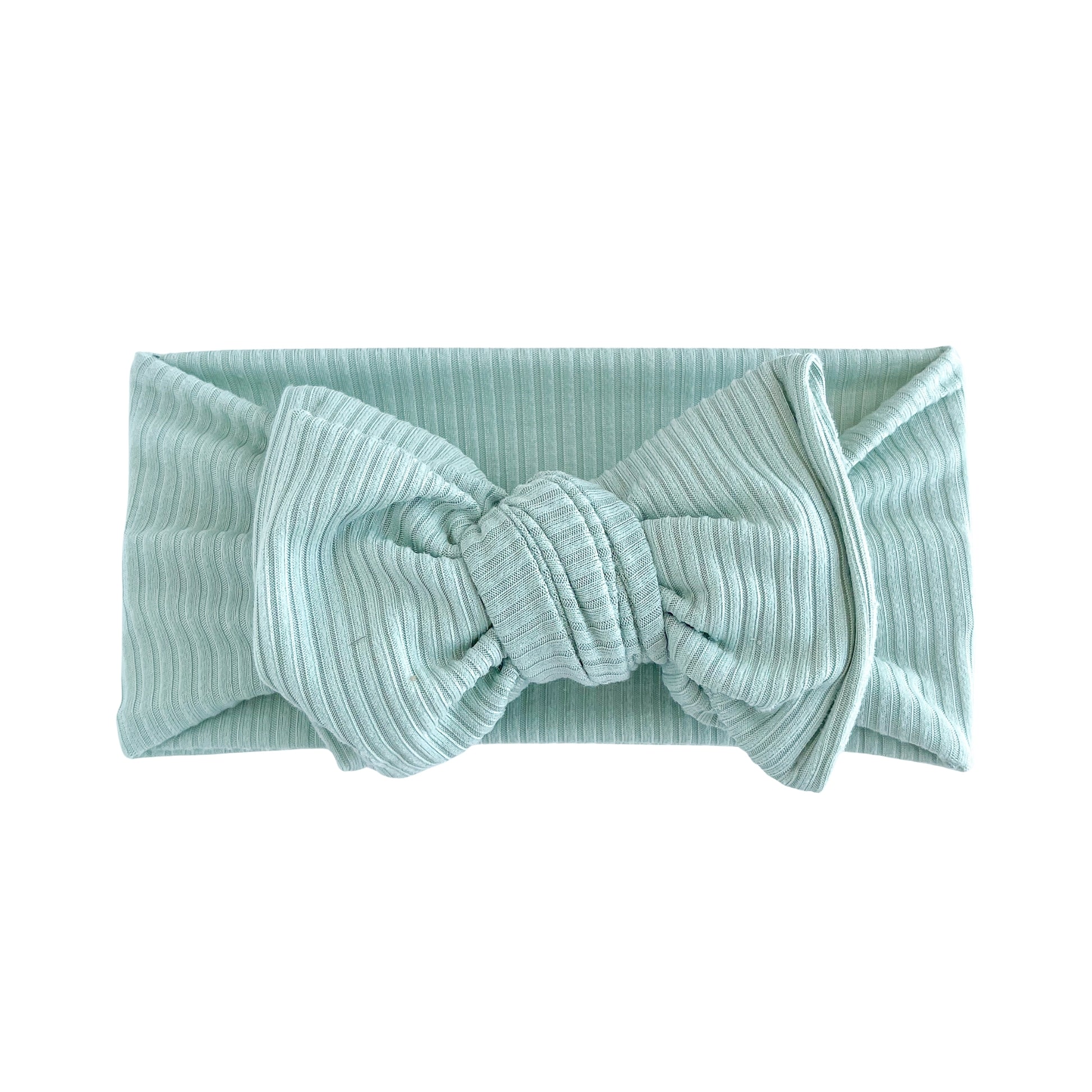 Top knot baby headband in aqua, crafted from ribbed knit fabric, displayed on a white background