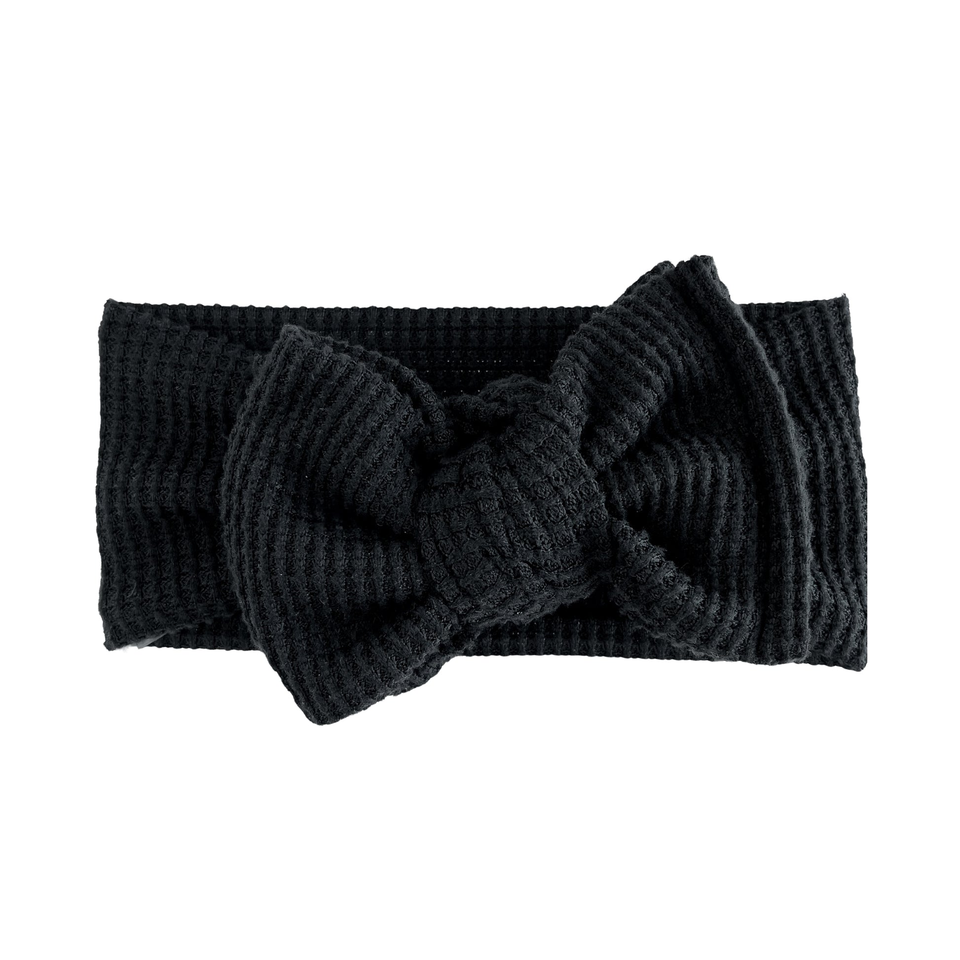 Oversized bow baby headband in black, crafted from brushed waffle knit fabric, displayed on a white background