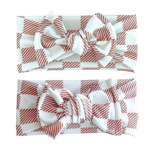 Checker Print Ribbed Baby Headband (Brown & White)