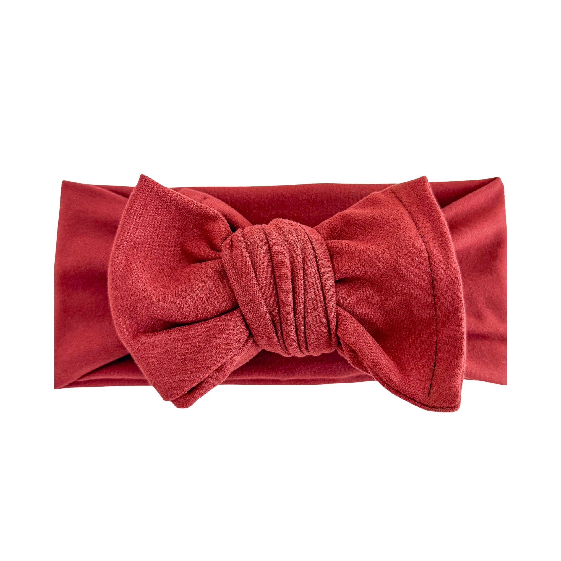 Oversized bow baby headband in burgundy, crafted from double brushed knit fabric, displayed on a white background