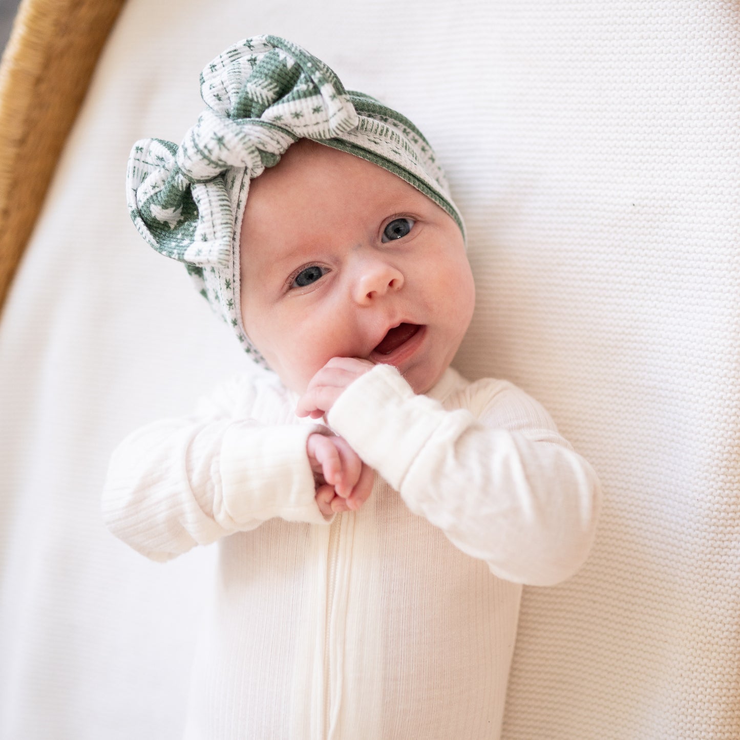 📸 Pictured: Green Fair Isle Waffle Top Knot, Newborn Size