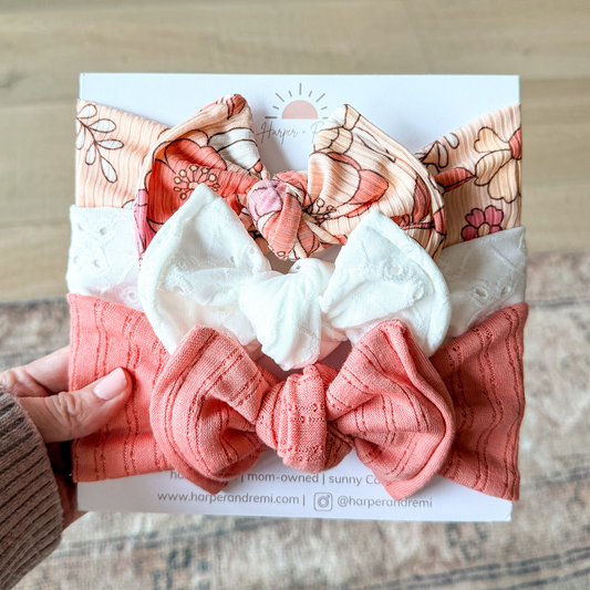 Coral Floral + Lace | Spring Baby Bow Bundle