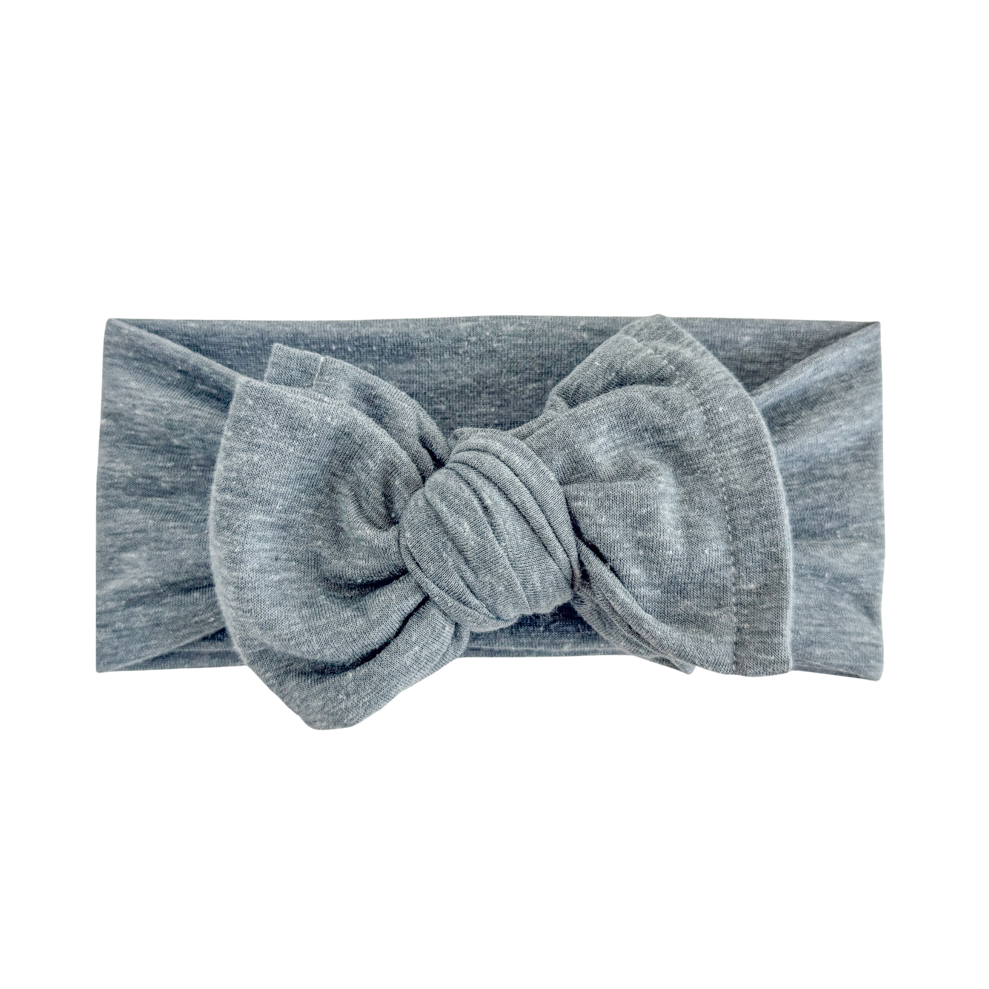 Oversized bow baby headband in blue grey, crafted from cotton jersey knit fabric, displayed on a white background