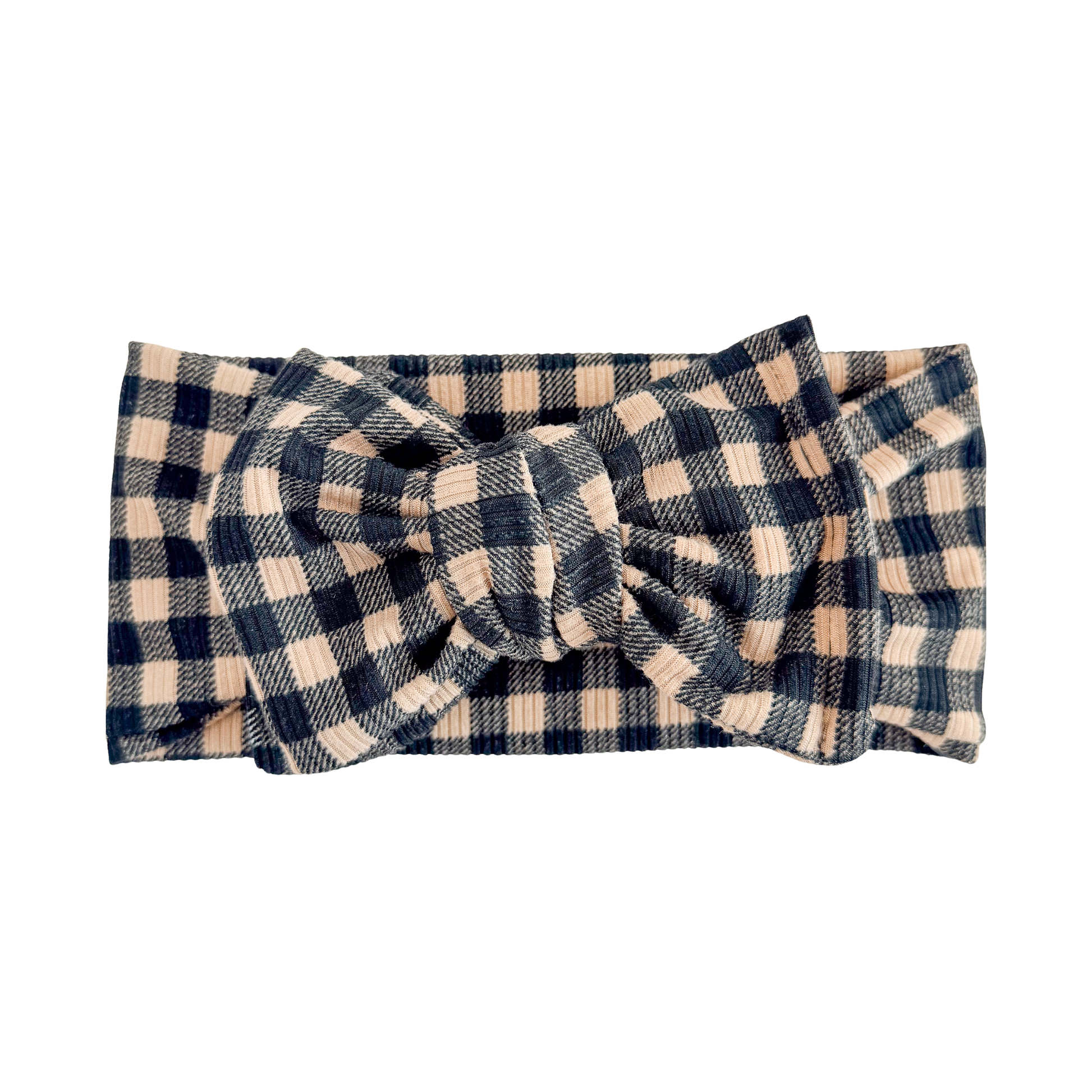 Top knot baby headband in taupe and black small gingham print, crafted from ribbed knit fabric, displayed on a white background
