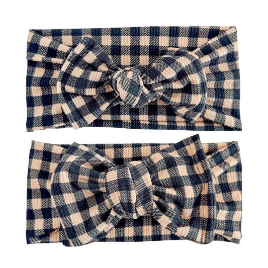 Gingham Ribbed Baby Headband (Taupe & Black)