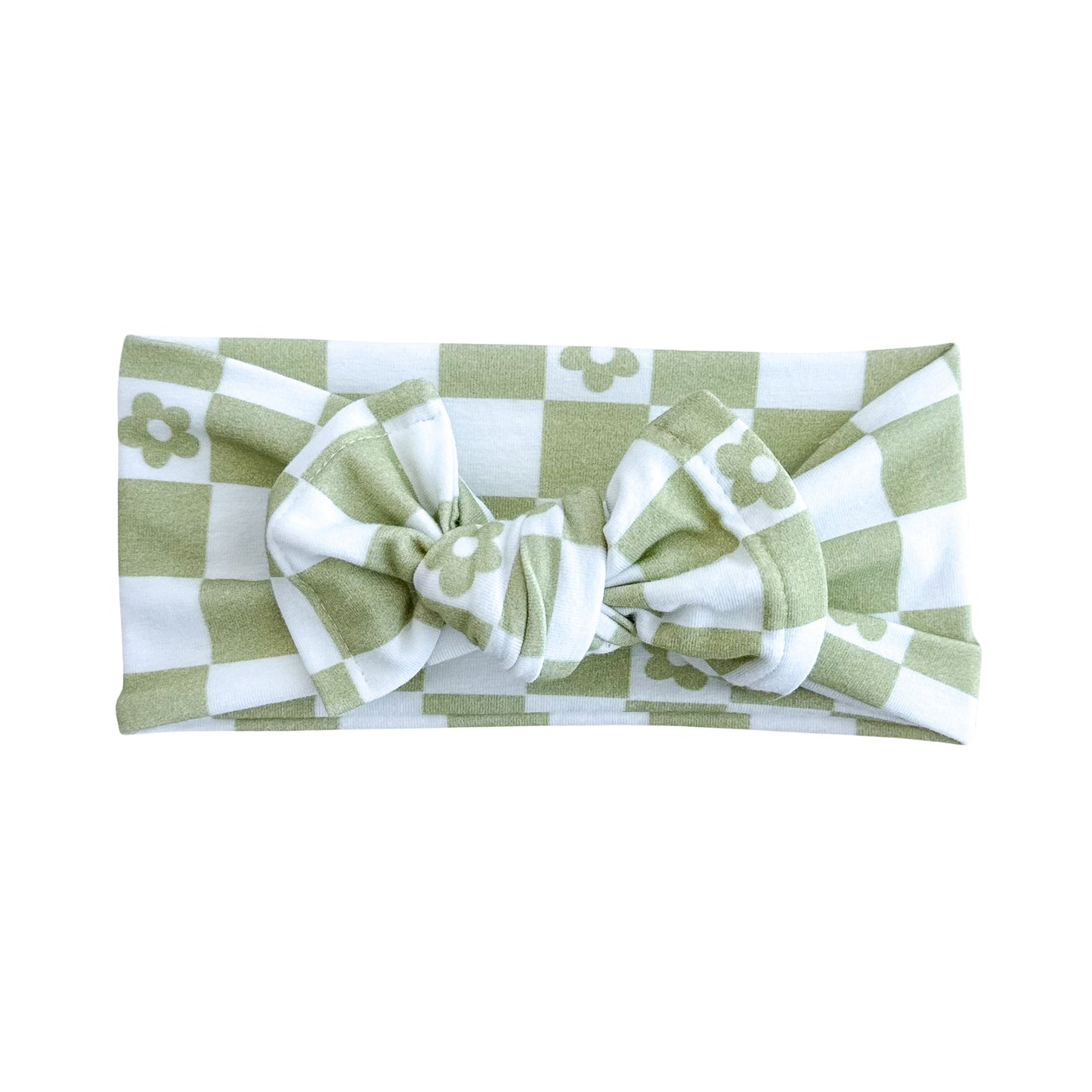 Green Daisy Checker Print Cotton Jersey Baby Headband