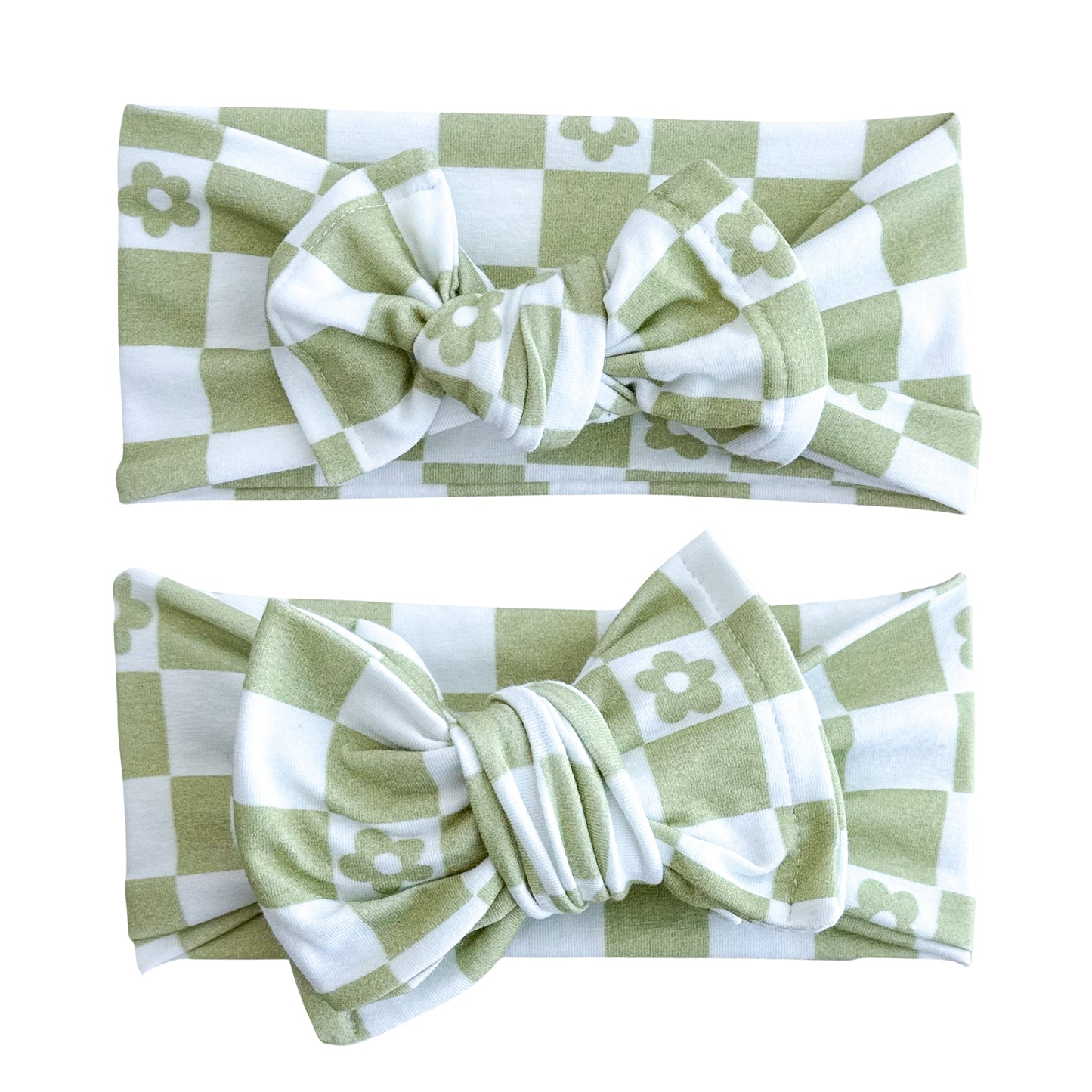 Green Daisy Checker Print Cotton Jersey Baby Headband