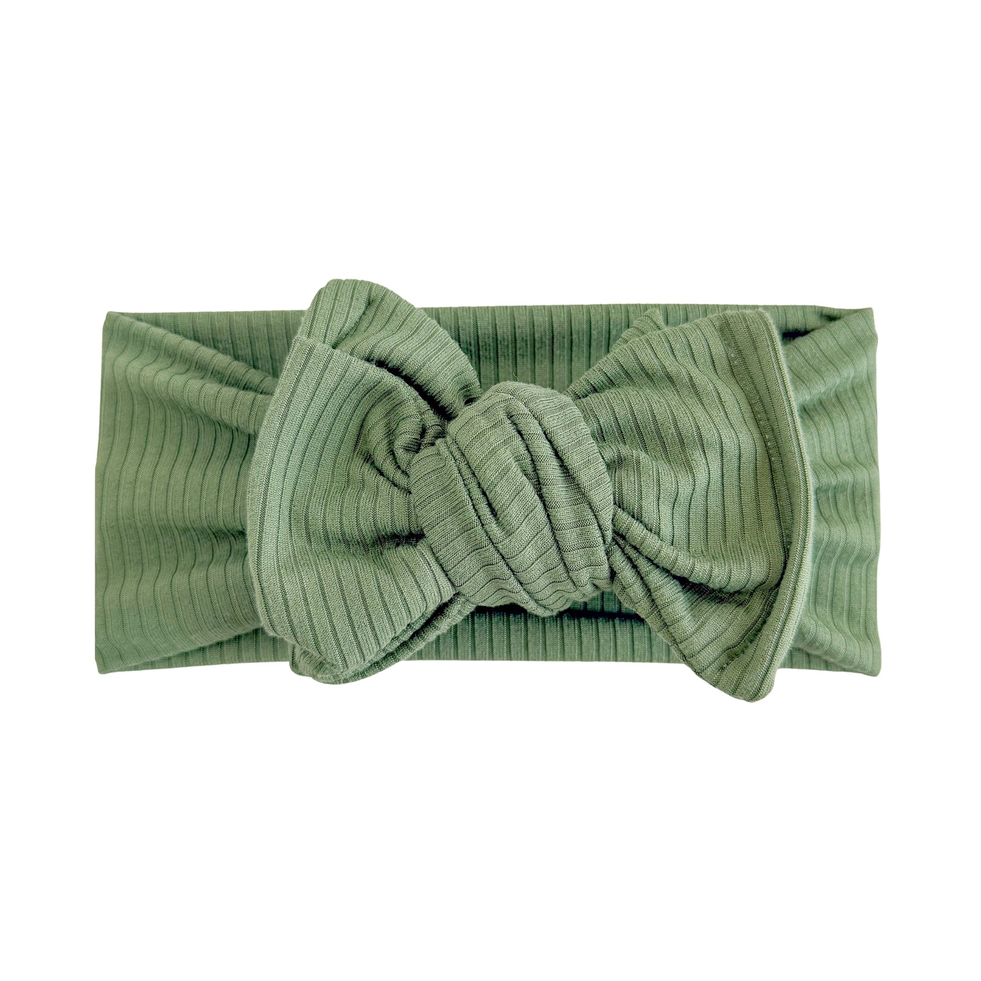 Top knot baby headband in hunter green, crafted from ribbed knit fabric, displayed on a white background