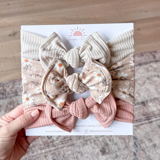 Neutral Daisies | Ribbed Baby Bow Bundle